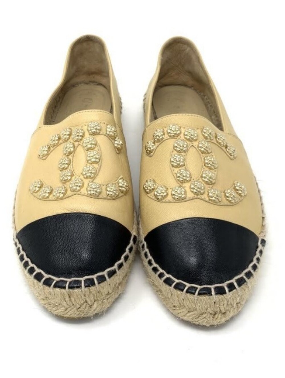 CHANEL Beige Lambskin Camellia Studded CC Espadrilles